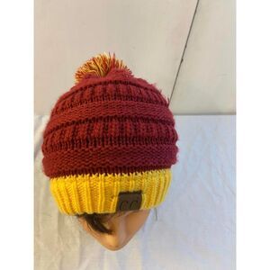 CC toboggan Hat Cap Burgundy Yellow Pom Pom